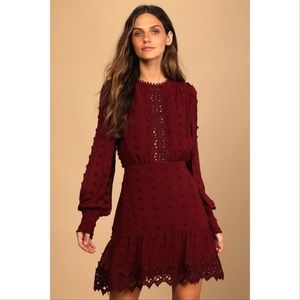 NWT Lust or Love Wine Red Embroidered Lace Long Sleeve Dress Medium